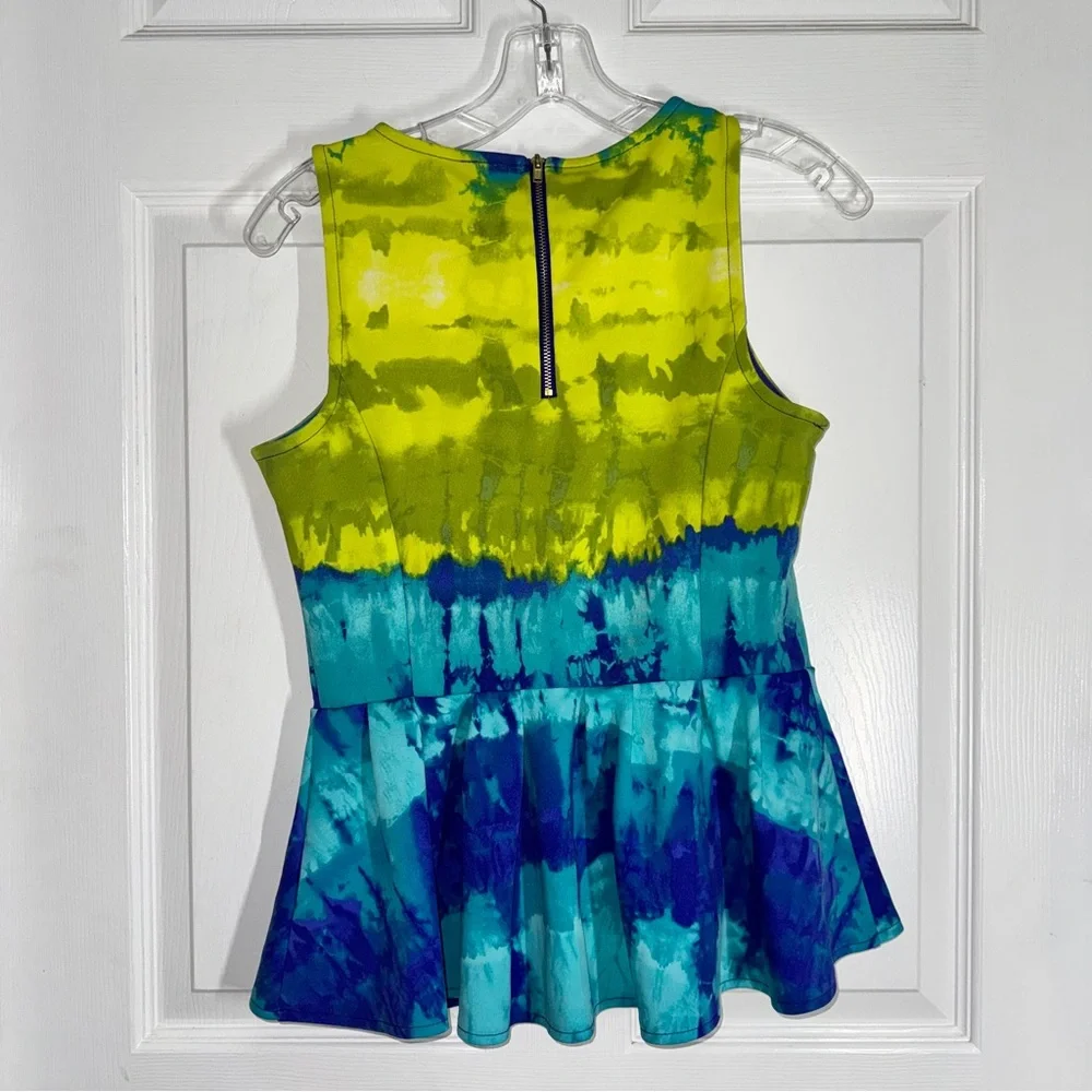 Worthington Vibrant Yellow and Blue Tye Dye Style Sleeveless Peplum Top Shirt S